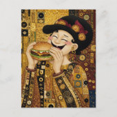 Carte Postale Une Dame Joyeuse Avec Un Cheeseburger (Devant)