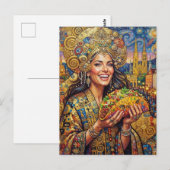 Carte Postale Une Dame Joyeuse Avec un Géant Taco (Devant / Derrière)