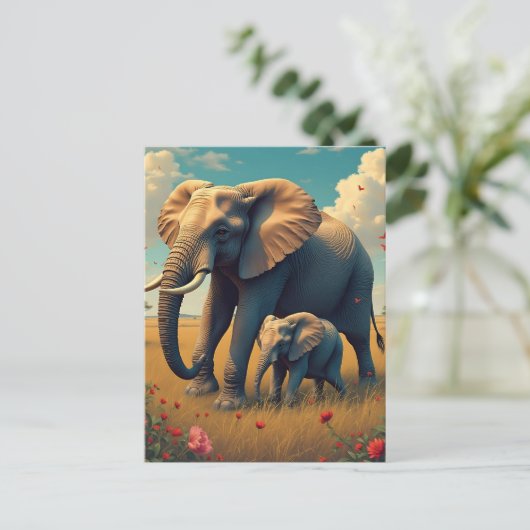 Carte Postale Une douce maman sentimentale et un éléphant de béb (Debout devant)