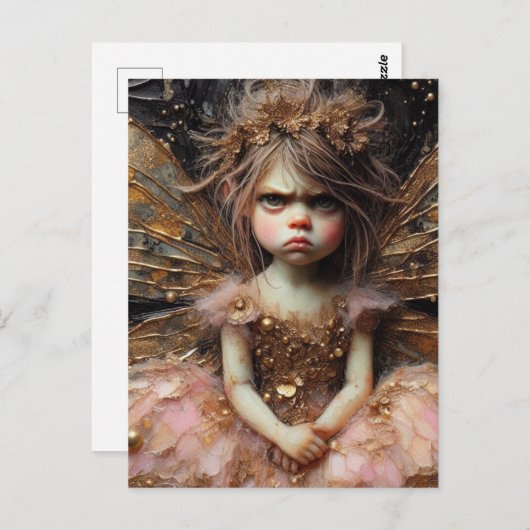 Carte Postale Une drôle de fée grincheuse en rose (Devant / Derrière)