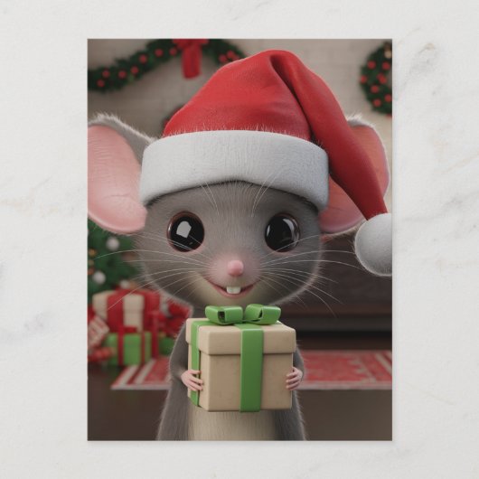 Carte Postale Une drôle de souris de Noël de chapeau de Noël (Devant)