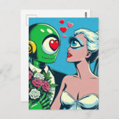 Carte Postale Une femme Alien et un robot vert dans l'amour (Devant / Derrière)