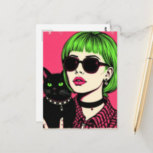 Carte Postale Une femme aux cheveux verts lime et son chat noir