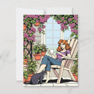 Carte Postale Une femme avec café, chat et Plante