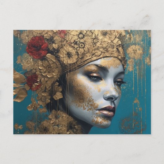 Carte Postale Une femme avec de l'or et des fleurs (Devant)
