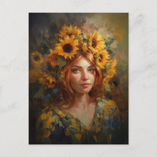 Carte Postale Une femme avec des tournesols dans les cheveux (Devant)