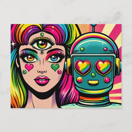 Carte Postale Une femme avec le troisième oeil et un robot (Devant)