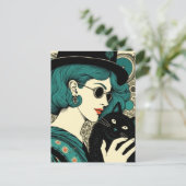 Carte Postale Une femme avec son chat noir (Debout devant)