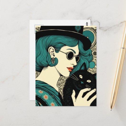 Carte Postale Une femme avec son chat noir (Devant/Arrière en situation)
