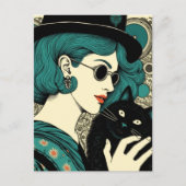 Carte Postale Une femme avec son chat noir (Devant)