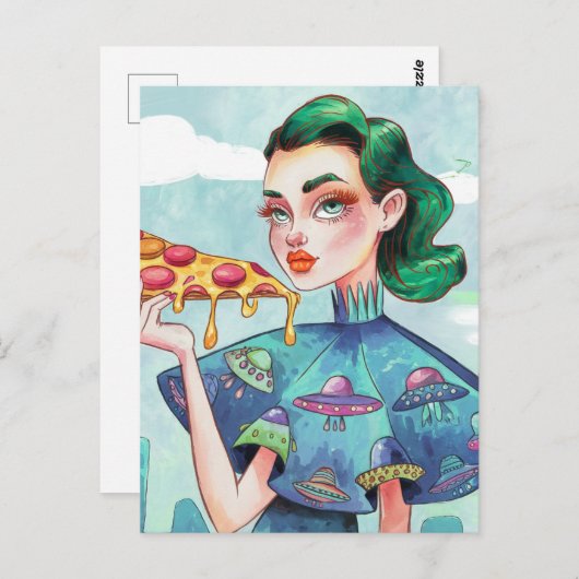 Carte Postale Une femme avec une tranche de pizza T-shirt UFO (Devant / Derrière)