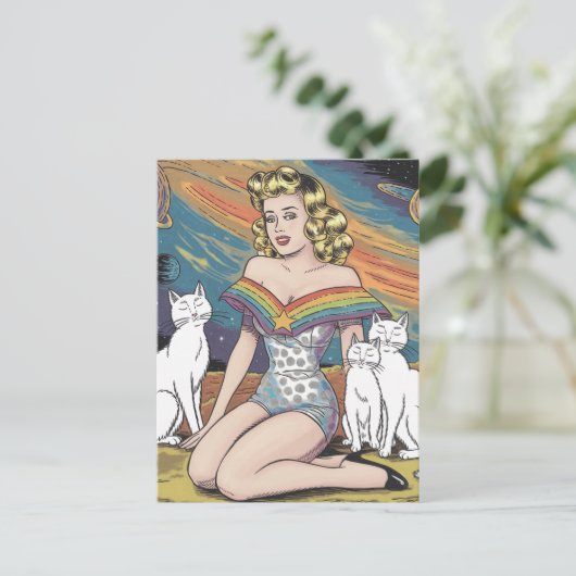 Carte Postale Une femme dans l'espace avec des chats blancs (Debout devant)