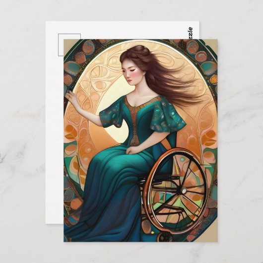 Carte Postale Une femme en fauteuil roulant danse joyeusement (Devant / Derrière)