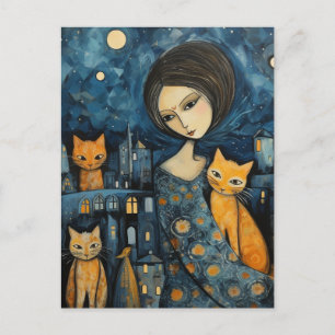 Carte Postale Une femme en ville la nuit avec ses chats