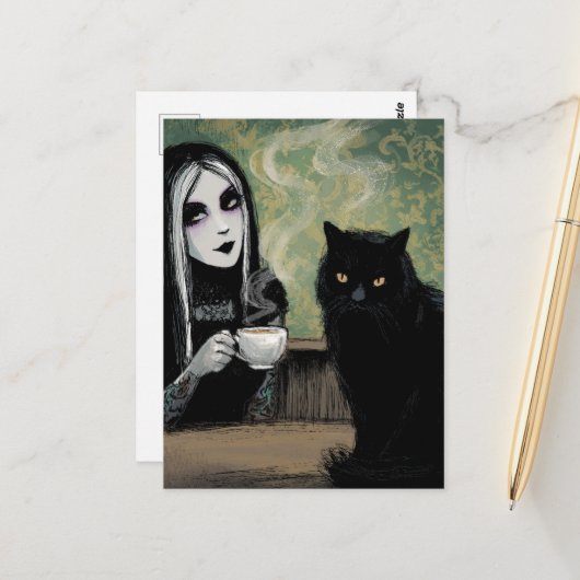 Carte Postale Une femme et son chat Café du matin (Devant/Arrière en situation)