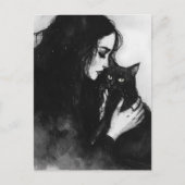 Carte Postale Une femme et son chat noir (Devant)