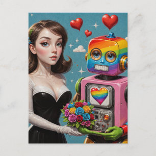 Carte Postale Une femme et un robot arc-en-ciel