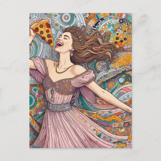 Carte Postale Une Femme Joyeuse À La Pizza (Devant)