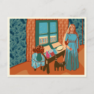 Carte Postale Une femme nourrit un chat dans une maison de plage
