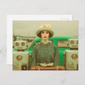 Carte Postale Une femme rétro et deux robots (Devant / Derrière)