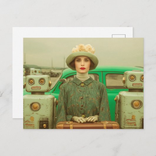 Carte Postale Une femme rétro et deux robots (Devant / Derrière)