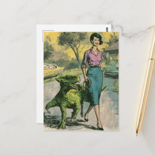 Carte Postale Une femme rétro promène son minuscule Dino