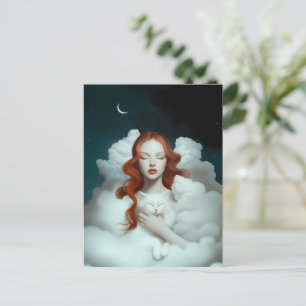 Carte Postale Une femme rouge haïe tenant un chat dans les nuage