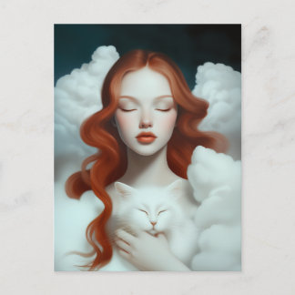 Carte Postale Une femme rouge haïe tenant un chat dans les nuage
