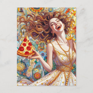 Carte Postale Une Femme Très Heureuse Avec Pizza