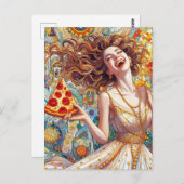 Carte Postale Une Femme Très Heureuse Avec Pizza (Devant / Derrière)