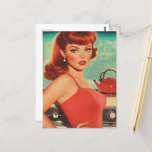 Carte Postale Une femme vintage dans la cuisine en robe rouge