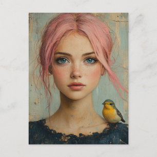 Carte Postale Une fille aux cheveux roses et un oiseau sur l'épa