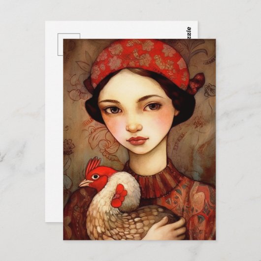 Carte Postale Une fille avec son art AI de poulet de compagnie (Devant / Derrière)