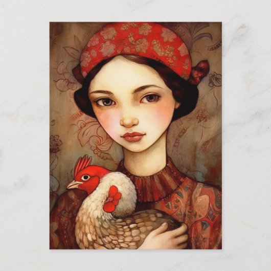 Carte Postale Une fille avec son art AI de poulet de compagnie (Devant)