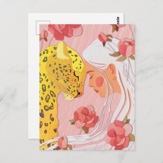 Carte Postale une fille avec un léopard (Devant / Derrière)