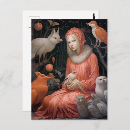 Carte Postale Une fille avec une faune bizarre et farfelue (Devant / Derrière)