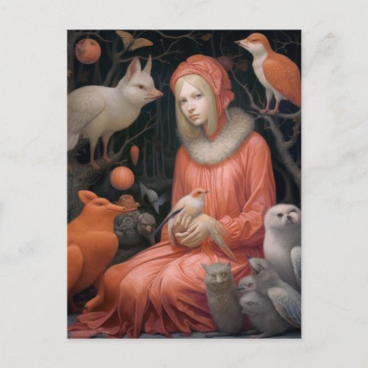 Carte Postale Une fille avec une faune bizarre et farfelue (Devant)