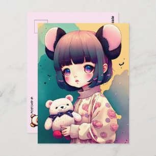 Carte Postale Une fille d'Anime avec un ours en peluche, poste