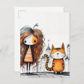 Carte Postale Une fille et son chat (Devant / Derrière)