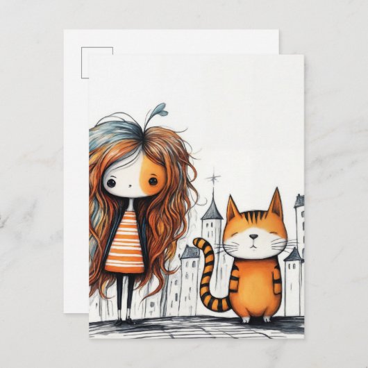 Carte Postale Une fille et son chat (Devant / Derrière)