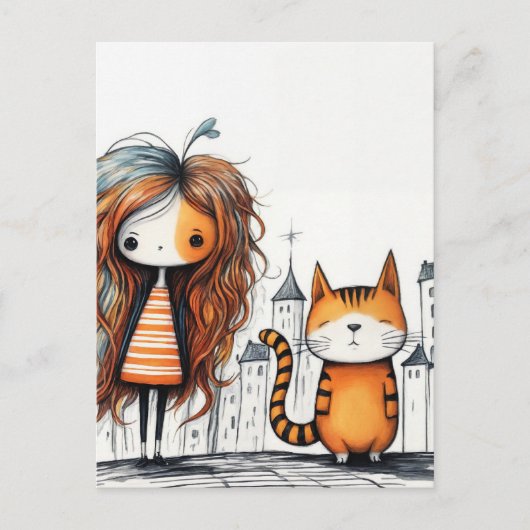 Carte Postale Une fille et son chat (Devant)