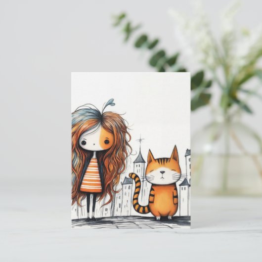 Carte Postale Une fille et son chat (Debout devant)