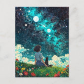 Carte Postale une fille et son chat s'assoient ensemble sur un t (Devant)