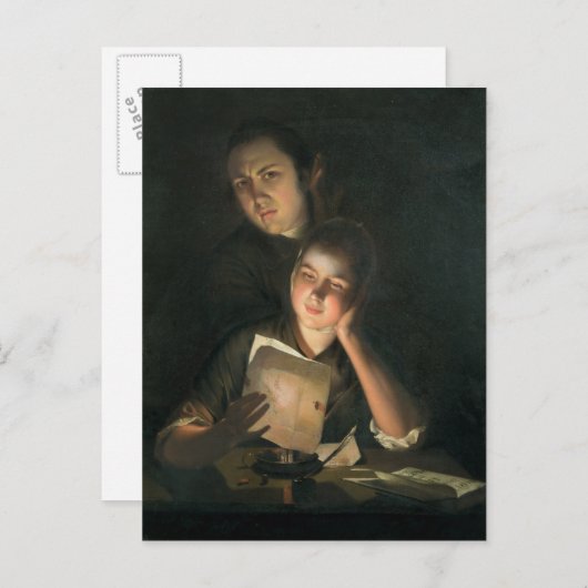Carte Postale Une fille lisant une lettre de Candlelight (Devant / Derrière)