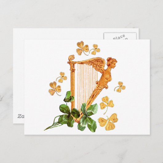 Carte Postale Une Harpe d'Irlande d'or entourée de Shamrocks (Devant / Derrière)