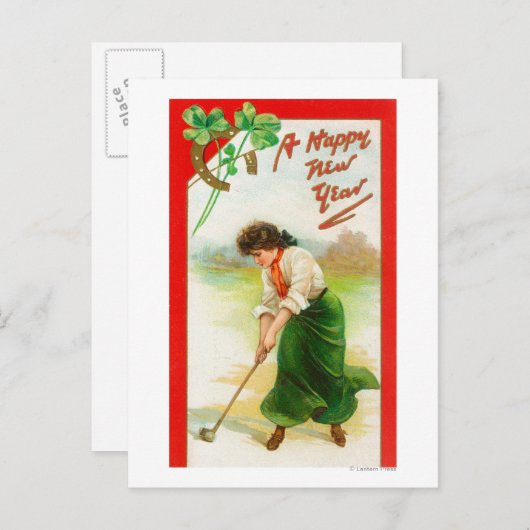Carte Postale Une Irlandaise sur le point de frapper le Golfball (Devant / Derrière)