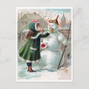Carte Postale Une jeune fille fait un bonhomme de neige, vacance