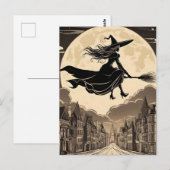 Carte Postale Une jeune sorcière d'Halloween à cheval sur la vil (Devant / Derrière)