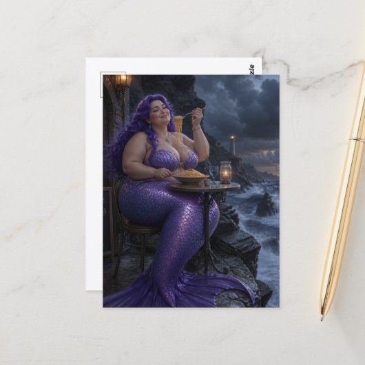 Carte Postale Une jolie sirène mangeant des spaghetti (Devant/Arrière en situation)