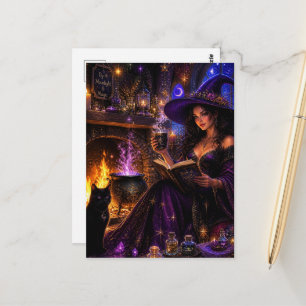 Carte Postale Une magnifique sorcière et son chat noir